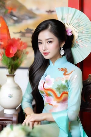 A lovely Vietnamese girl sits in a chair, wearing a traditional ao dai dress and holding a flower and woddeen fan. Her long black hair and elegant earrings add to her beauty. In the background, a dragon paintings can be seen. This photo is from the R4W exhibition.The girl's serene expression and graceful posture exude a sense of timeless elegance, capturing the essence of Vietnamese culture and tradition. As she gazes into the distance, her eyes seem to hold a world of wisdom and grace, reflecting the rich heritage of her homeland. The delicate embroidery of her ao dai and the intricate details of the dragon motif in the background speak to the artistry and symbolism deeply woven into Vietnamese customs. This captivating image invites viewers to delve into the enchanting tapestry of Vietnam's history and folklore, where every detail tells a story of resilience, beauty, and enduring spirit.,more detail XL,snowing.,beauty