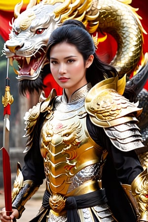 Vietnamese beautiful female warrior Bà Triệu with a cute face, short black hair, golden armor, black dragon Ao Dai, lion shield, silver long bow, and arrow, standing in the midst of battle, war crying, with his soldiers behind him.