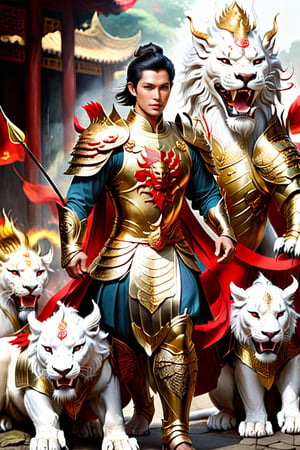 Vietnamese warrior with a handsome face, short black hair, golden armor, lion shield, silver long bow, and arrow, standing in the midst of battle, war crying, with his soldiers behind him. His companions include a white lion and a red dragon.