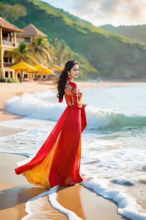 The image showcases a picturesque scene at the beach of a luxurious resort. Standing gracefully in the soft sand is a beautiful Vietnamese girl dressed in an elegant Ao Dai, the traditional Vietnamese attire known for its long, flowing gown and delicate design. The vibrant colors of her Ao Dai reflect the charm and grace of her culture. With the waves gently caressing the shore in the background, the girl exudes an aura of serenity and tranquility. The perspective of the photo, taken from a flycam view, captures the breathtaking beauty of the beach as well as the girl's elegance and charm. Despite not being able to provide an actual image, this description should help you visualize the imagined scene.