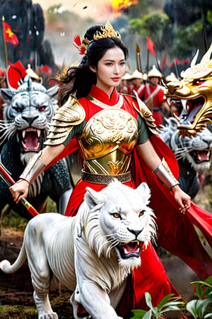 Vietnamese beautiful warrior with a cute face, short black hair, golden armor, black dragon Ao Dai, lion shield, silver long bow, and arrow, standing in the midst of battle, war crying, with his soldiers behind him. Her companions include a white lion and a red dragon.