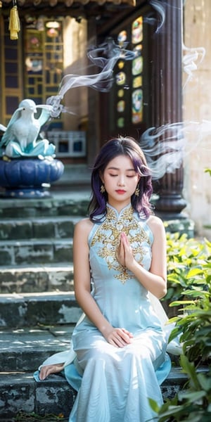 8k super high quality photo, featuring a Vietnamese girl, 21 years old, shoulder-length hair, silver-purple hair, moderate chest, wearing a royal-like ao dai with golden phoenix embroidered, ao dai adorned with many crystals. She is lighting incense and praying in a temple. The incense smoke creates a magical light that seems to escape from paradise. This photo is not only an artistic work, but also a proof of the combination of tradition and modernity, between sacred and seductive.