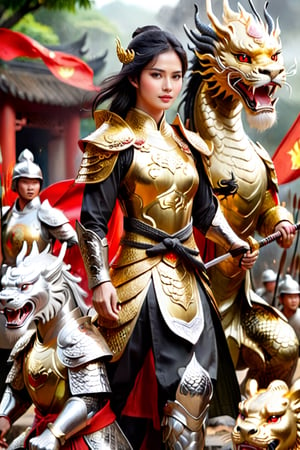 Vietnamese beautiful female warrior Bà Triệu with a cute face, short black hair, golden armor, black dragon Ao Dai, lion shield, silver long bow, and arrow, standing in the midst of battle, war crying, with his soldiers behind him.