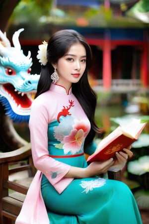 A lovely Vietnamese girl sits in a chair, wearing a traditional ao dai dress and holding a flower and book. Her long black hair and elegant earrings add to her beauty. In the background, a dragon can be seen. This photo is from the R4W exhibition.The girl's serene expression and graceful posture exude a sense of timeless elegance, capturing the essence of Vietnamese culture and tradition. As she gazes into the distance, her eyes seem to hold a world of wisdom and grace, reflecting the rich heritage of her homeland. The delicate embroidery of her ao dai and the intricate details of the dragon motif in the background speak to the artistry and symbolism deeply woven into Vietnamese customs. This captivating image invites viewers to delve into the enchanting tapestry of Vietnam's history and folklore, where every detail tells a story of resilience, beauty, and enduring spirit.,more detail XL,snowing.,beauty