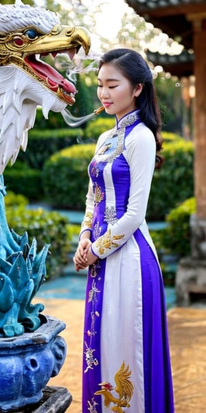 8k super high quality photo, featuring a Vietnamese girl, 21 years old, shoulder-length hair, silver-purple hair, moderate chest, wearing a royal-like ao dai with golden phoenix embroidered, ao dai adorned with many crystals. She is lighting incense and praying in a temple. The incense smoke creates a magical light that seems to escape from paradise. This photo is not only an artistic work, but also a proof of the combination of tradition and modernity, between sacred and seductive.