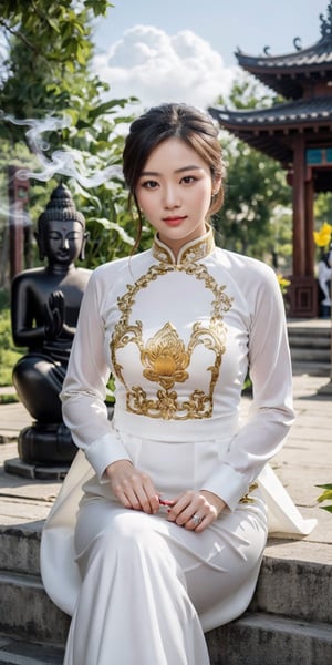 A beautiful Vietnamese girl wearing a traditional ao dai with a family crest for the Lunar New Year, holding a lotus flower, sits in a temple and lights incense in front of a Buddha statue, wishing him peace. Her husband in tuxedo with luxury watch and car stand behind her. 