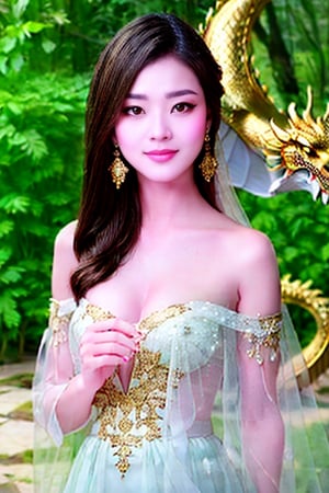 masterpiece, high quality, photorealistic, raw photo, Vietnamese beauty, cute face, full_aodai with a gold 8K dragon, gentle smile, intricate skin, visible pores, off-shoulder, low-key, black background.fully_dressed