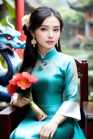 A lone Vietnamese girl sits in a chair, wearing a traditional ao dai dress and holding a flower and book. Her long black hair and elegant earrings add to her beauty. In the background, a dragon can be seen. This photo is from the R4W exhibition.The girl's serene expression and graceful posture exude a sense of timeless elegance, capturing the essence of Vietnamese culture and tradition. As she gazes into the distance, her eyes seem to hold a world of wisdom and grace, reflecting the rich heritage of her homeland. The delicate embroidery of her ao dai and the intricate details of the dragon motif in the background speak to the artistry and symbolism deeply woven into Vietnamese customs. This captivating image invites viewers to delve into the enchanting tapestry of Vietnam's history and folklore, where every detail tells a story of resilience, beauty, and enduring spirit.,more detail XL,snowing.