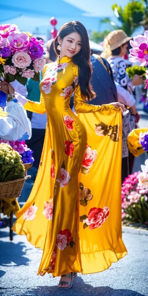 She walks with grace and confidence, her black ao dai adorned with golden dragons and flowers. The fabric flows with her every step, revealing a glimpse of her white trousers and sandals. Her long hair is tied in a bun, secured with a red ribbon. She smiles as she admires the colorful blooms and festive decorations at the Tết floral market. She feels the joy and warmth of the Lunar New Year in the air.
