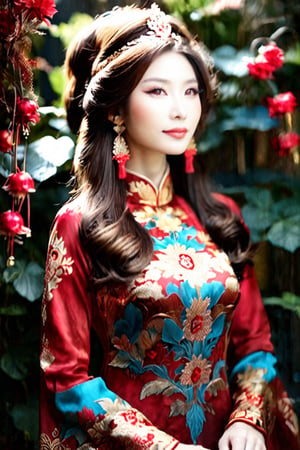 Masterpiece image of a beautiful vietnamese girl in red ao dai,flower and phoenix pattern, chestnut brown hair that cascades down her shoulders, embellished with a golden hairpiece resembling leaves and berries. (divine proportion), non-douche smile. Her eyes should be a striking blue, large and expressive, framed with long, delicate lashes. Her attire is a richly detailed armor with ornate, golden filigree designs, featuring intricate patterns and embedded with sapphire-like gemstones. The character is poised elegantly, exuding a noble aura, with soft light filtering through a stained glass window casting warm hues around her. Her expression is serene and composed, with a slight blush on her cheeks and a faint smile on her lips. The background is a grand, medieval library with rows of ancient books and flickering candles, creating an atmosphere of old-world charm and mystique. by Skyrn99, full body, (((rule of thirds))), high quality, high detail, high resolution, (bokeh:2), backlight,beauty