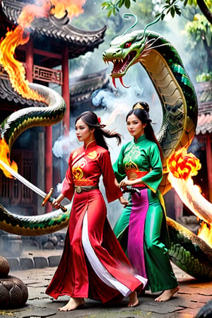 Two warrior chop down giant snake with their sword. Poison smoke around area, fire. Two women in Ao Dai dancing