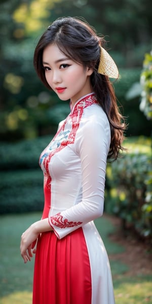 Best Quality Ultra-detailed 8K Wallpaper. It features a stunning portrait of a girl wearing the Ao Dai, a traditional Vietnamese dress. finely detailed and high resolution image that captures every nuance of her natural color lip and her expressive eyes. perfect dynamic composition that balances the contrast between the bright red of the dress and the dark background. 