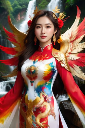 In the picture, a Vietnamese angel wears a white ao dai, covered with golden dragon armor, her wings are red phoenix wings. She looks straight at the lens, with high resolution and very realistic. Behind her is a majestic mountain range with a waterfall and a rainbow.