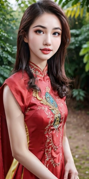  Best Quality Ultra-detailed 8K Wallpaper. It features a stunning portrait of a girl wearing the Ao Dai, a traditional Vietnamese dress. finely detailed and high resolution image that captures every nuance of her natural color lip and her expressive eyes. perfect dynamic composition that balances the contrast between the bright red of the dress and the dark background. 