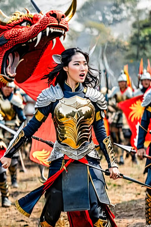 Vietnamese beautiful female warrior with a cute face, short black hair, golden armor, black dragon Ao Dai, lion shield, silver long bow, and arrow, standing in the midst of battle, war crying, with his soldiers behind him. Her companions include a white lion and a red dragon.