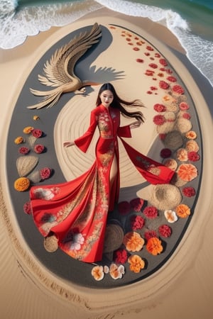 Masterpiece of a Vietnamese girl wearing a red black  ao dai with floral and phoenix patterns, dancing gracefully at the resort beach. She holds a paper fan in her hand, which she moves in sync with her steps. The sand on the beach forms a yin-yang symbol, representing harmony and balance. The camera zooms out to reveal an aerial view of the scene, captured by a drone. The image quality is superb, with high resolution and vivid colors.
