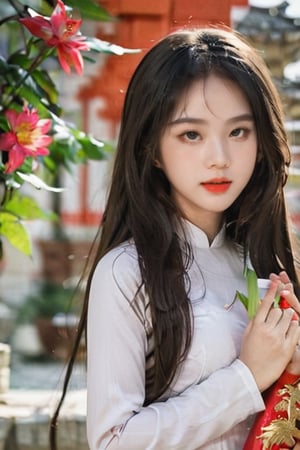 masterpiece, best quality, raw photo, realistic, Vietnamese girl, 18 years old, long flat hair, wearing a red Ao Dai with gold dragon pattern, standing in a pagoda, hand tother ask for blessing by monk master, candle and lotus in the river(professional photo, balanced photo, balanced exposure)