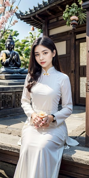 A beautiful Vietnamese girl wearing a traditional ao dai with a family crest for the Lunar New Year, holding a lotus flower, sits in a temple and lights incense in front of a Buddha statue, wishing him peace. Her husband in tuxedo with luxury watch and car stand behind her. 