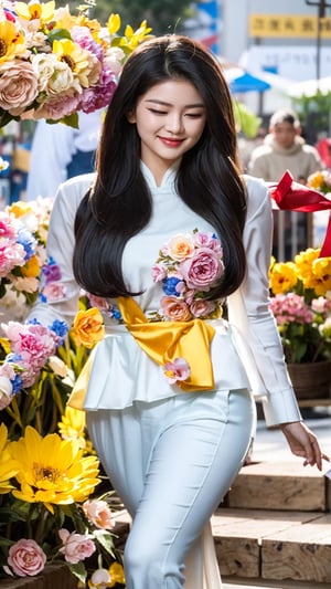 She walks with grace and confidence, her black ao dai adorned with golden dragons and flowers. The fabric flows with her every step, revealing a glimpse of her white trousers and sandals. Her long hair is tied in a bun, secured with a red ribbon. She smiles as she admires the colorful blooms and festive decorations at the Tết floral market. She feels the joy and warmth of the Lunar New Year in the air.
