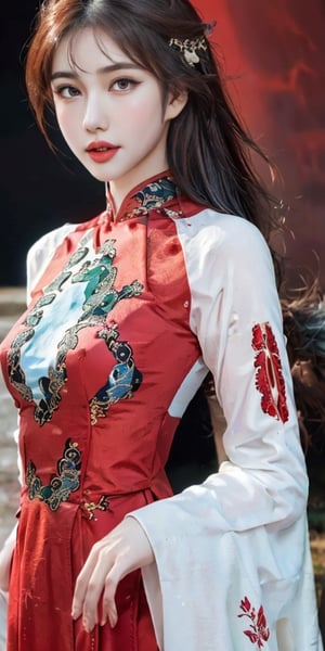  Best Quality Ultra-detailed 8K Wallpaper. It features a stunning portrait of a girl wearing the Ao Dai, a traditional Vietnamese dress. finely detailed and high resolution image that captures every nuance of her natural color lip and her expressive eyes. perfect dynamic composition that balances the contrast between the bright red of the dress and the dark background. 