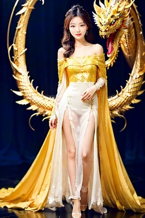 masterpiece, high quality, photorealistic, raw photo, Vietnamese beauty, cute face, full_aodai with a gold 8K dragon, gentle smile, intricate skin, visible pores, off-shoulder, low-key, black background.fully_dressed,Vietnam,Nice legs and hot body,1girl