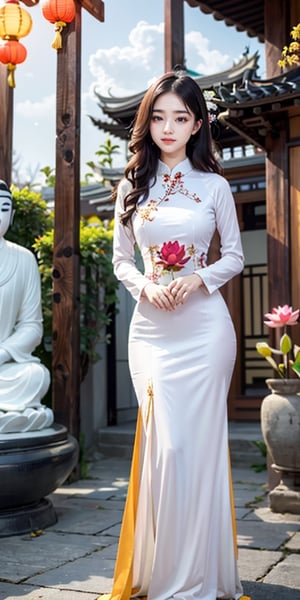 A beautiful Vietnamese girl wearing a traditional ao dai with a family crest for the Lunar New Year, holding a lotus flower, sits in a temple and lights incense in front of a Buddha statue, wishing him peace. Her husband in tuxedo with luxury watch and car stand behind her. 