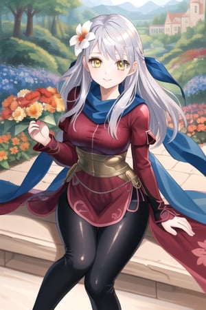 masterpiece, beautiful girl, silver hair, yellow eyes, blue ribbon, blue scarf, side bend,red outfit, black leggings,friendly smile,flower garden,