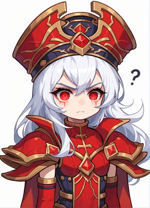 score_9, score_8_up, score_7_up, anime,masterpiece,original,upper body,portrait,(white background,blank white background:1.1),1girl,solo,1girl,red,sally whitemane,long white hair,red eyes,ringed eyes,confused,whitemane, white hair, red eyes, facial markings, leotard, tabard, elbow gloves, shoulder armor, hat,maplestory_style,
