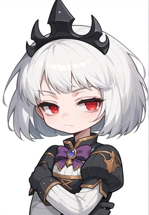 score_9, score_8_up, score_7_up, masterpiece,original,upper body,portrait,blank white background,1girl,solo,Yankee girl,(delicate face,:1.2),Orphea, tiara, white hair, short hair, red eyes, gown, puffy sleeves, black gloves, purple bow,crossed_arms,disdain,annyoed,disdain,half closed eyes,big hair,