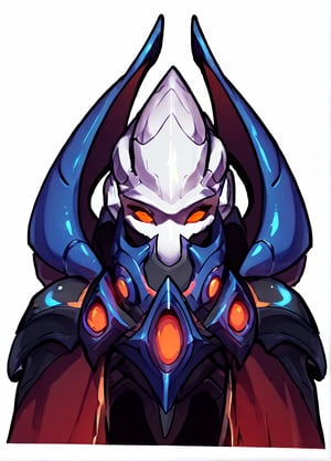 Prompt: score_9, score_8_up, score_7_up, masterpiece,original,white background,blank background,(Alarak  Starcraft,starcraft Protoss,Taldarim,evil,Alarak:1.4) ,white skin,red eyes,black armor,a robot with a cape,no mouth,