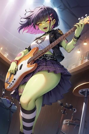 anime,1 girl,solo,female orc,beautiful face,warcraft orc,orc with green skin,(Detailed face,eyeshadow,tattoo:1.3),holding instrument,electric_bass_guitar,guitar_strap,crazy eyes,evil, Striped tights,(Gothic,green skin body,Playing a bone guitar:1.1),yellow eyes,glowing eyes,Medium hair,big hair,black hair, pink hair,white hair,multicolored hair,split-color hair,streaked hair,colored tips,Colorful hair,(small bucktooth:0.7),rocking,concert,skirt,thighhighs,jewelry, earrings, midriff, striped, belt, miniskirt, nail polish, collar, plaid, black jacket,underwear with Skull,skindentation,Bracelet,leg ring,, pink,plaid skirt, piercing, cross, ear piercing, black nails, spikes, masterpiece, best quality, highly detailed,bar,17 years old,score_9, score_8_up, score_7_up, score_6_up, score_5_up, score_4_up, BREAK source_anime,cinematic angle ,dynamic,Aesthetic_Guitar,portrait,,kazusa-default,(kazusa-shirt,kazusa \(blue archive\):0.7),kazusa-shirt,kazusa \(blue archive\)