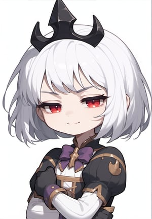 score_9, score_8_up, score_7_up, masterpiece,original,upper body,portrait,blank white background,1girl,solo,Yankee girl,Orphea, tiara, white hair, short hair, red eyes, gown, puffy sleeves, black gloves, purple bow,crossed_arms,,half closed eyes,light smile,