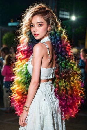 best quality,  masterpiece,  beautiful and aesthetic,  16K,  (HDR:1.4),  high contrast,  bokeh:1.2,  lens flare,  (vibrant color:1.4),  (muted colors,  dim colors,  soothing tones:0.5),  cinematic lighting,  ambient lighting,  rainbow hair , long hair,  (big hair:1.8), thick hair, sidelighting,  Exquisite details and textures,  cinematic shot,  Warm tone,  (Bright and intense:1.2),  wide shot,  by playai,  ultra realistic illustration,  siena natural ratio,  anime style,  Waist-up back-view,  very long curly blonde hair,  yellow	bracelet,  a white knitted dress a scarf and a beret,  winter boots,  a beautiful Turkish girl,  honey - colored eyes,  juicy lips,  Long Eyelashes,  Hourglass body,  thin waist,  digital art,  ultra hd,  realistic,  vivid colors,  extremely detailed,  photography,  ultra hd,  realistic,  vivid colors,  highly detailed,  UHD,  perfect composition,  beautiful detailed intricate insanely detailed octane render trending on artstation,  8k artistic photography,  photorealistic concept art,  soft natural volumetric cinematic perfect light.,,,
