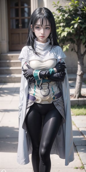 aashizue,grey eyes,(facial mark:1.0),long hair,cape,white cape,armor,bodysuit,shirt,white shirt,gloves,belt,skirt,pants,pantyhose,black pantyhose,boots