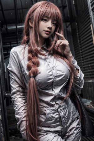 Create a realistic portrait, photography ,woman, long red hair, bangs one braid in the back, red eyes, wearing a large, large breast, long black suit, woman on the outside wearing a long-sleeved white shirt on the inside, black tie, black pants. long, (holding a pistol), In an abandoned school, buildings destroyed,, blur background , nsfw,