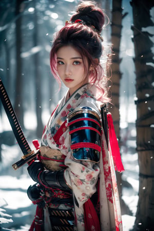 1girl,Sweet,, ,full body ,large breasts,The background is winter,snowy garden,1 girl,beautiful girl,Female Samurai, Holding a Japanese Sword, shining bracelet,beautiful hanfu(white, transparent),cape, solo, {beautiful and detailed eyes}, calm expression, natural and soft light, delicate facial features,very small earrings, ((model pose)), Glamor body type, (pink hair:1.2),  beehive,long ponytail,very_long_hair, hair past hip, curly hair, flim grain, realhands, masterpiece, Best Quality, photorealistic, ultra-detailed, finely detailed, high resolution, perfect dynamic composition, beautiful detailed eyes, eye smile, ((nervous and embarrassed)), sharp-focus, full_body, sexy pose,cowboy_shot,Samurai girl,glowing forehead,lighting, Japanese Samurai Sword (Katana)