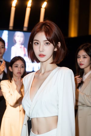 full body, wide shot, a group of K-pop idol girls, jeon somi, wearing open robe, crop top in dress, (red hair, sliced bobcut:1.4), (large breasts:1.3), (huge breast:1.4), (sad face expression:1.6), (discused face expression:1.4), (blushed face:1.5), eyeliner, she is in agony, in a crowded royal dinner, down light, direct light,cute asian girl,flash