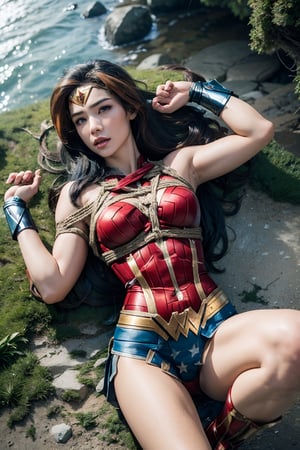Wonder Woman, (lying on the ground, on her back), half-nude, DC, (8k, RAW photo, best quality, super high resolution, photorealistic, masterpiece, ultra-detailed, Unreal Engine), 22 years old, ((Russian girl look), shibari clothes, best quality,1girl, solo, striped hair,, perky breasts, tilted back, looking at camera, armband, highlighted hair, perfect face, remote island scene, outdoors, view from above , dynamic view, medium_breast_bondage, Wonder Woman, girl, WonderWaifu