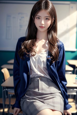 background is high school classroom,1 girl, 18 yo, beautiful girl, korean girl,sitting on chair,wearing school uniform(dark blue jacket and brown check pattern skirt),happy laugh,
solo, {beautiful and detailed eyes}, dark eyes, calm expression, delicate facial features, ((model pose)), Glamor body type, slim waist,(dark hair),long Bright wavy hair,very_long_hair, hair past hip,long straight hair,long ponytail,bangs,pale skin,detailed skin,hairpins, flim grain, realhands, masterpiece, Best Quality, 32k, high contrast,vivid color,photorealistic, ultra-detailed, finely detailed, high resolution, perfect dynamic composition, beautiful detailed eyes, sharp-focus, cowboy_shot, ,3D,GIRL,REAL