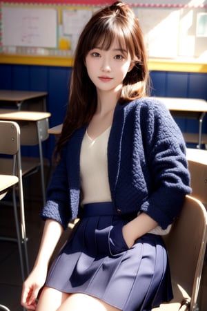 background is high school classroom,1 girl, 18 yo, beautiful girl, korean girl,sitting on chair,wearing school uniform(dark blue jacket and brown check pattern skirt),happy laugh,
solo, {beautiful and detailed eyes}, dark eyes, calm expression, delicate facial features, ((model pose)), Glamor body type, slim waist,(dark hair),long Bright wavy hair,very_long_hair, hair past hip,long straight hair,long ponytail,bangs,pale skin,detailed skin,hairpins, flim grain, realhands, masterpiece, Best Quality, 32k, high contrast,vivid color,photorealistic, ultra-detailed, finely detailed, high resolution, perfect dynamic composition, beautiful detailed eyes, sharp-focus, cowboy_shot, ,3D,GIRL,REAL