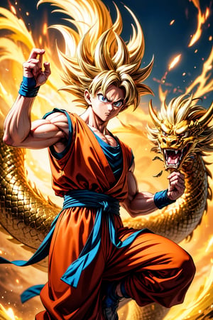 A powerful Goku stands atop a majestic golden Chinese dragon, his aura radiating with boundless energy. The intricate scales of the dragon shimmer in the sunlight, while Goku's determined expression shows his readiness for battle.
(Masterpiece, Best Quality, 8k:1.2), (Ultra-Detailed, Highres, Extremely Detailed, Absurdres, Incredibly Absurdres, Huge Filesize:1.1), (Anime Style:1.3), , Golden oriental dragon