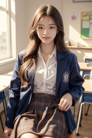 background is high school classroom,1 girl, 18 yo, beautiful girl, korean girl,sitting on chair,wearing school uniform(dark blue jacket and brown check pattern skirt),happy laugh,
solo, {beautiful and detailed eyes}, dark eyes, calm expression, delicate facial features, ((model pose)), Glamor body type, slim waist,(dark hair),long Bright wavy hair,very_long_hair, hair past hip,long straight hair,long ponytail,bangs,pale skin,detailed skin,hairpins, flim grain, realhands, masterpiece, Best Quality, 32k, high contrast,vivid color,photorealistic, ultra-detailed, finely detailed, high resolution, perfect dynamic composition, beautiful detailed eyes, sharp-focus, cowboy_shot, 
