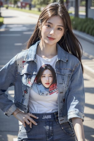 jangwonyoung,1girl,((realistic)), ((hyperrealism)),((best quality)), (((masterpiece))),((ultra high res)),((ultradetailed)), (photorealistic:1.4), idol, (looking at viewer:2), ,detailed face,detailed eyes,outdoors,,wide shot, panorama, dynamic pose, dynamic angle, film grain, Fujifilm XT3,outdoors, smile, walking,(Denim_jacket_with_patched_artwork:1.5),(Graphic_tee:1.4),(Cargo_pants:1.3) [带拼布艺术的牛仔夹克, 图案T恤, 装饰口袋长裤],  