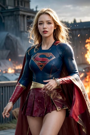 (stunning masterpiece, 8k, raw, (ultra realistic), colorful, eyes, dynamic angle, highest detailed) ,(Supergirl:1.4), 20yo, surprised look, (torned clothes:1.7, ripped clothes:1.7), cowboy shot, yellow blonde hair, studio fashion long hair, detailed Supergirl suit, ((scarlet_red skirt:1.4)),  (high resolution textures), dynamic pose, (long long cape), (intricate details, hyperdetailed:1.15), detailed, (fantasy background), (official art, extreme detailed, highest detailed), HDR+, in midair overlooking downtown, ,photorealistic,girl,,huoshen,zhurongshi,fire