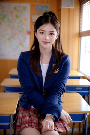 background is high school classroom,1 girl, 18 yo, beautiful girl, korean girl,sitting on chair,wearing school uniform(dark blue jacket and brown check pattern skirt),happy laugh,
solo, {beautiful and detailed eyes}, dark eyes, calm expression, delicate facial features, ((model pose)), Glamor body type, slim waist,(dark hair),long Bright wavy hair,very_long_hair, hair past hip,long straight hair,long ponytail,bangs,pale skin,detailed skin,hairpins, flim grain, realhands, masterpiece, Best Quality, 32k, high contrast,vivid color,photorealistic, ultra-detailed, finely detailed, high resolution, perfect dynamic composition, beautiful detailed eyes, sharp-focus, cowboy_shot, ,3D,GIRL