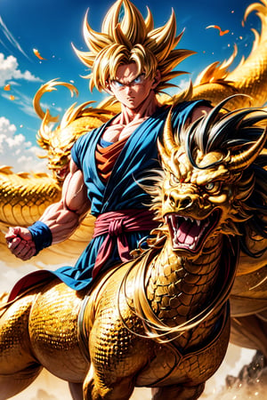 A powerful Goku stands atop a majestic golden Chinese dragon, his aura radiating with boundless energy. The intricate scales of the dragon shimmer in the sunlight, while Goku's determined expression shows his readiness for battle.
(Masterpiece, Best Quality, 8k:1.2), (Ultra-Detailed, Highres, Extremely Detailed, Absurdres, Incredibly Absurdres, Huge Filesize:1.1), (Anime Style:1.3), , Golden oriental dragon