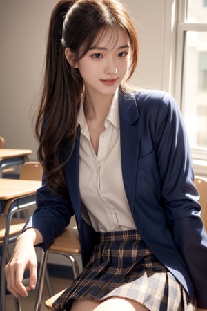 background is high school classroom,1 girl, 18 yo, beautiful girl, korean girl,sitting on chair,wearing school uniform(dark blue jacket and brown check pattern skirt),happy laugh,
solo, {beautiful and detailed eyes}, dark eyes, calm expression, delicate facial features, ((model pose)), Glamor body type, slim waist,(dark hair),long Bright wavy hair,very_long_hair, hair past hip,long straight hair,long ponytail,bangs,pale skin,detailed skin,hairpins, flim grain, realhands, masterpiece, Best Quality, 32k, high contrast,vivid color,photorealistic, ultra-detailed, finely detailed, high resolution, perfect dynamic composition, beautiful detailed eyes, sharp-focus, cowboy_shot, 