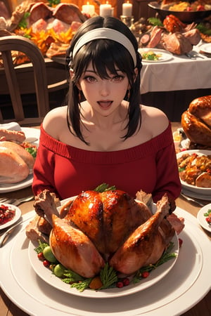 (masterpiece, 8k, raw, ultra realistic),, ,yor, 1 russian beauty, solo, off-shoulder sweater,red eyes, red sweater, collarbone, no background, black hair, brown red eyes, black hair, black hair, short hair, short hair with long locks, bangs, sideburns, white headband, holding ((large plate of Thanksgiving roast turkey close to viewer:1.4)), surrounded by potatoes, vegetables, cranberry sauce, looking at tviewer, open mouth laughing look, dynamic view,  inside european kitchen, ,anime,masterpiece
