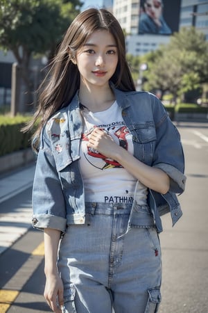 jangwonyoung,1girl,((realistic)), ((hyperrealism)),((best quality)), (((masterpiece))),((ultra high res)),((ultradetailed)), (photorealistic:1.4), idol, (looking at viewer:2), ,detailed face,detailed eyes,outdoors,,wide shot, panorama, dynamic pose, dynamic angle, film grain, Fujifilm XT3,outdoors, smile, walking,(Denim_jacket_with_patched_artwork:1.5),(Graphic_tee:1.4),(Cargo_pants:1.3) [带拼布艺术的牛仔夹克, 图案T恤, 装饰口袋长裤],  