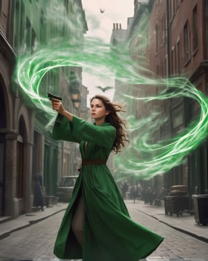 Best masterpiece, highest quality, highest resolution, wizard of the wind, controlling the wind, one woman, shooting in the city, cool magic,use books,green wind magic